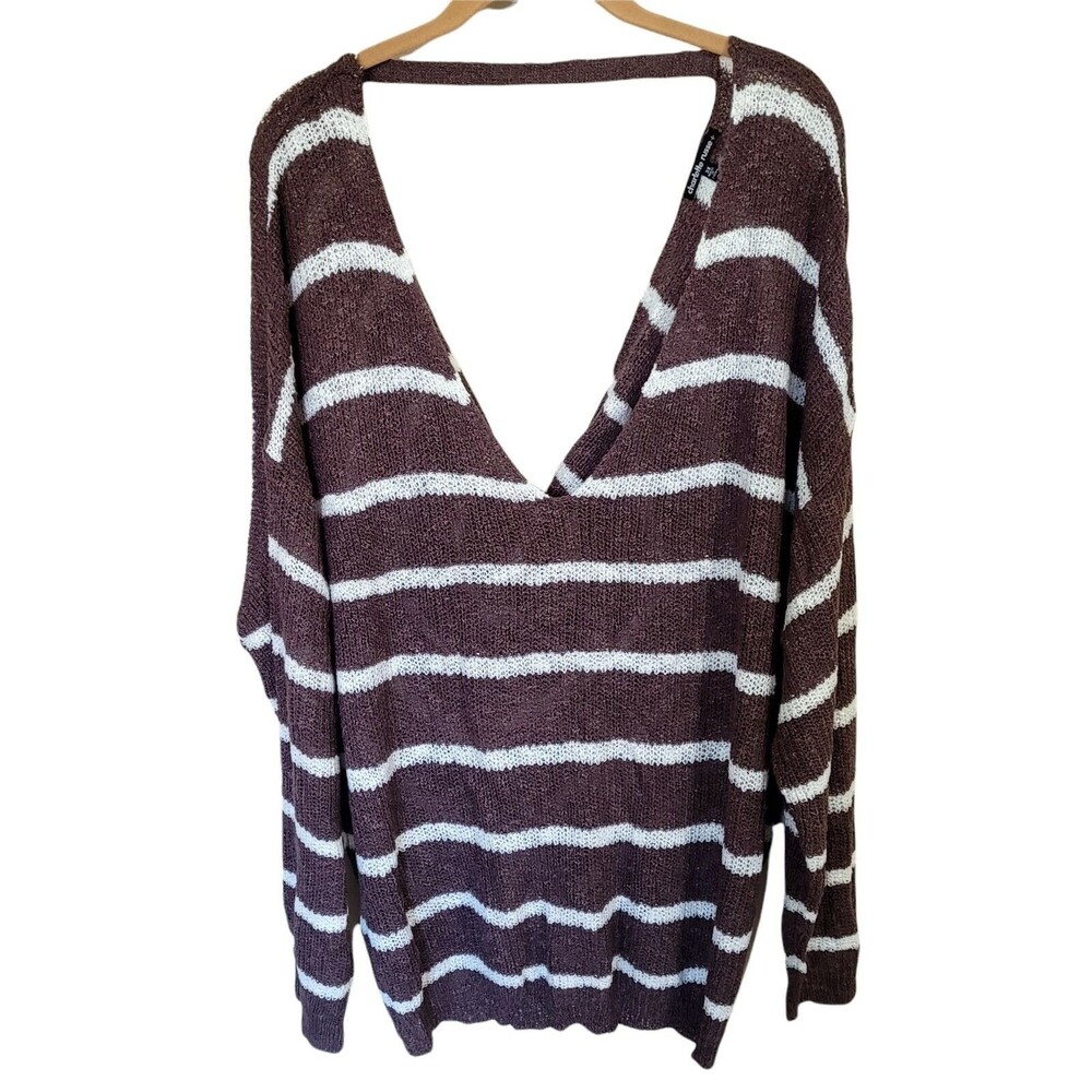 Charlotte Russe Sweater Women3X V Neck Knot Twist Back Brown White Stripes NWT